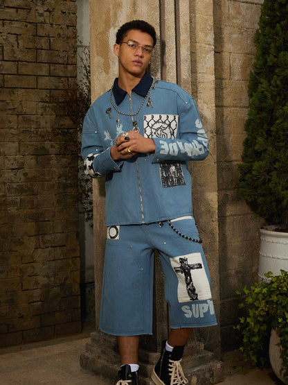 Supermade Multi-Element Appliqué Patchwork Denim Suit 