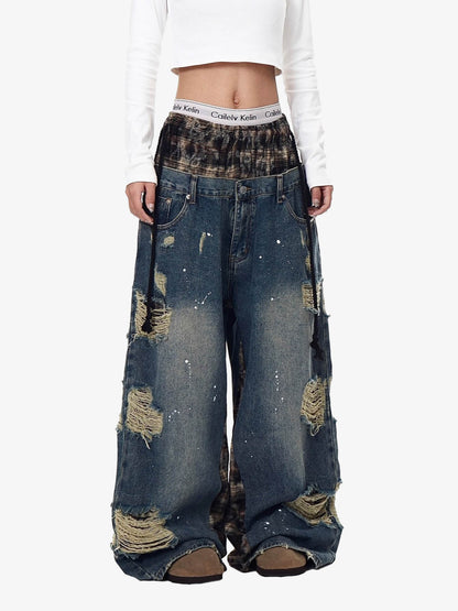 Denim Patchwork Wide Leg Pants with Drawstring Waist and Distressed Details 