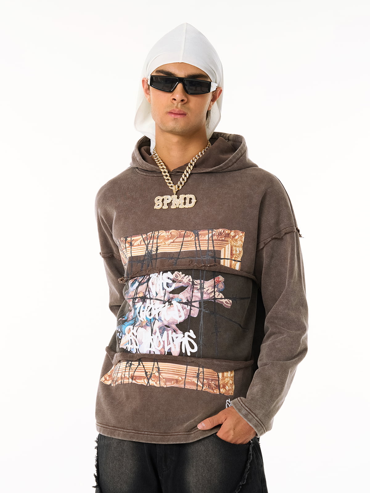 Distressed Hooded Sweatshirt with a Famous Painting of Thorn Destruction 