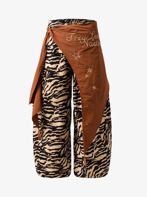 Retro Zebra Print Asymmetric Draped Patchwork Barrel Pants 