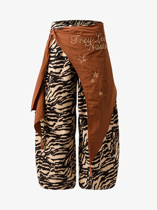 Retro Zebra Print Asymmetric Draped Patchwork Barrel Pants 