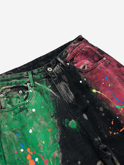 Artistic Paint-Splatter Wide-Leg Denim Jeans