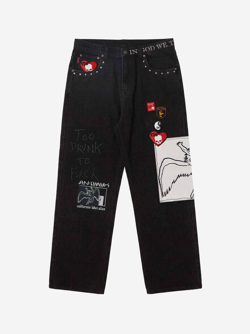 Embroidered Patch Studded Straight-Leg Jeans