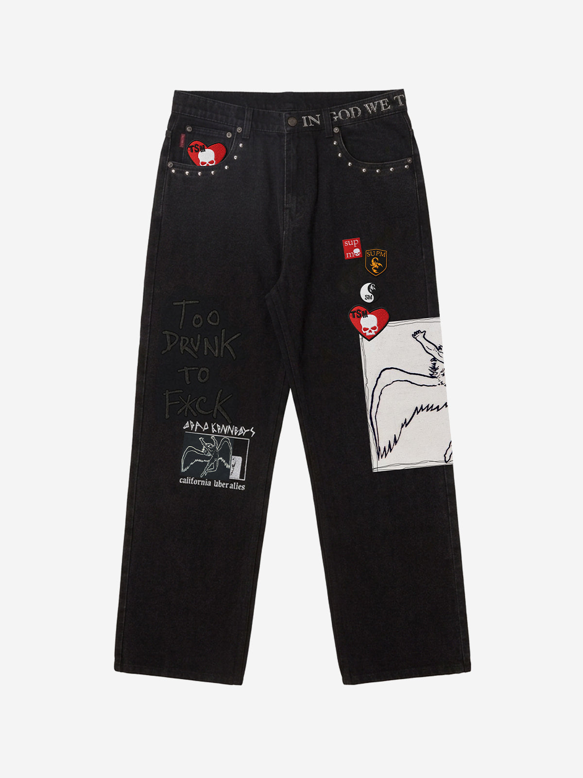 Embroidered Patch Studded Straight-Leg Jeans