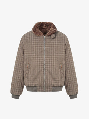 Plaid Bomber Jacket with Faux Fur Collar - Perfect for Casual Winter Wear 
