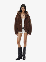 Streetwear Metal Clip Faux Fur Hooded Suede Bomber Jacket - 2597