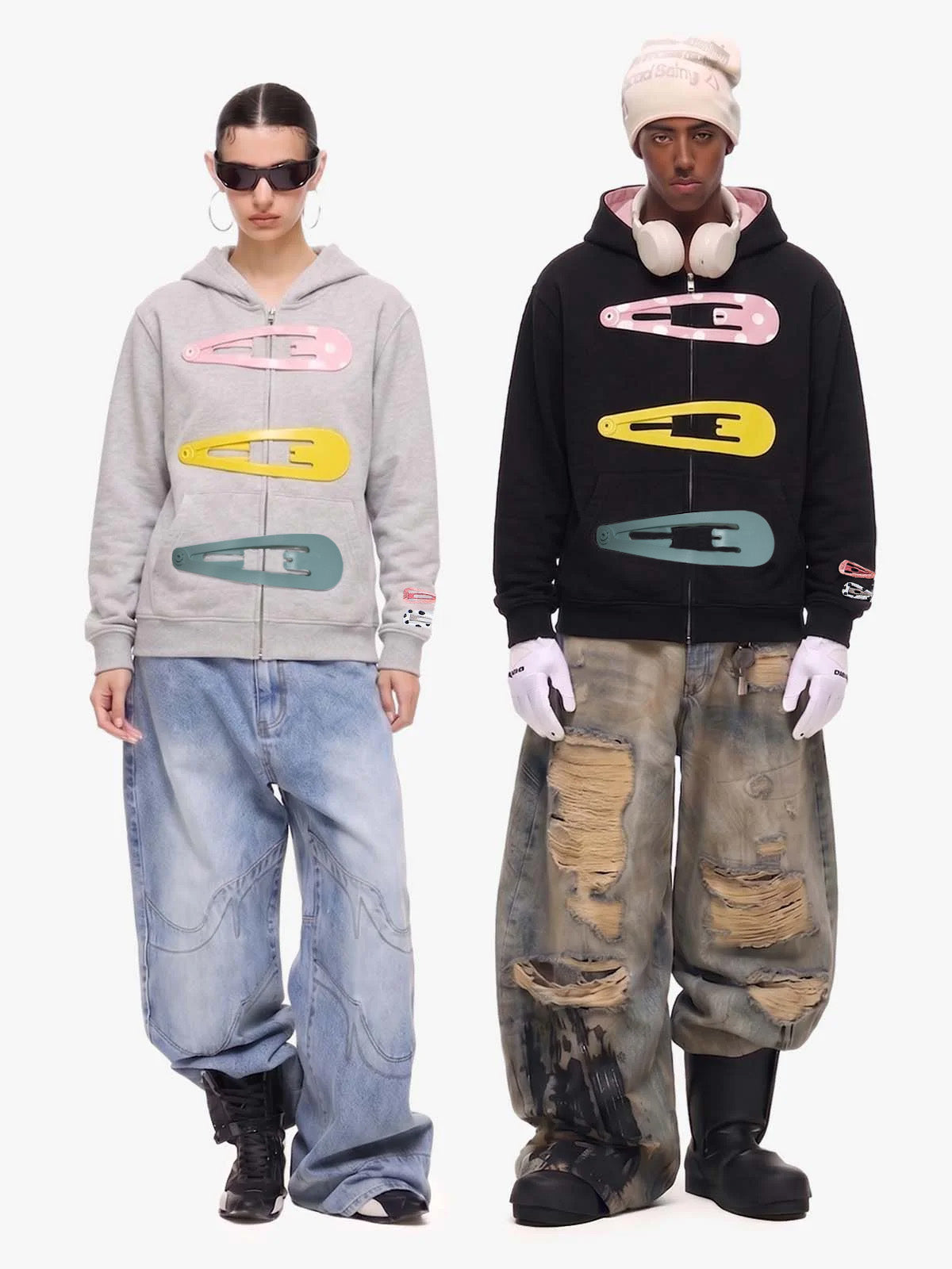 Detachable Hair Clip Decoration Zip Up Hoodie 