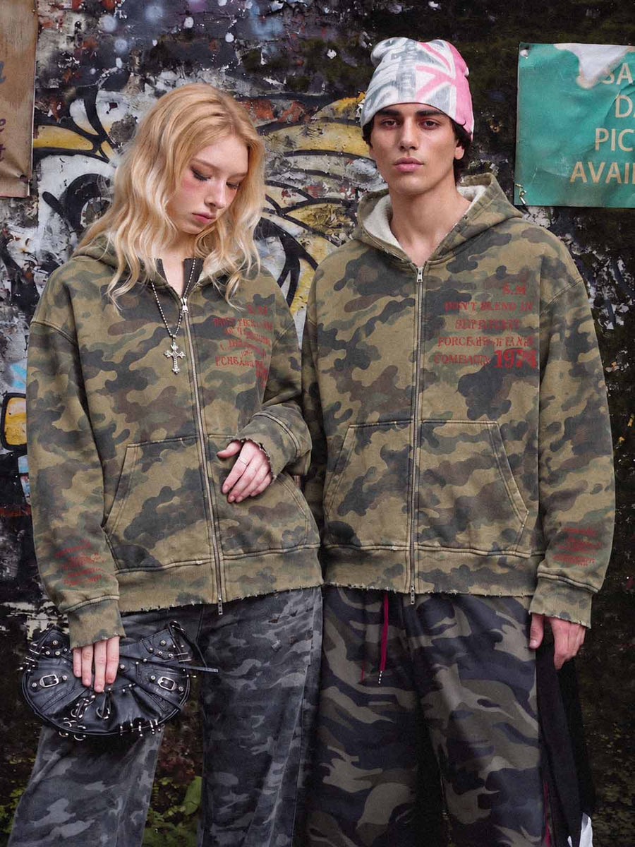 Camo Letter Graphic Distressed Zip-Up Hoodie