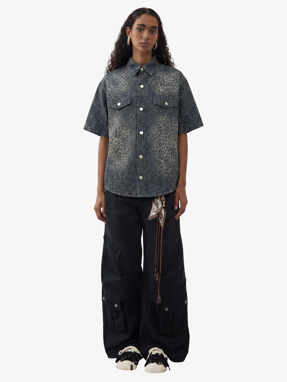 Vintage Leopard Print Washed Denim Short Sleeve Shirt 