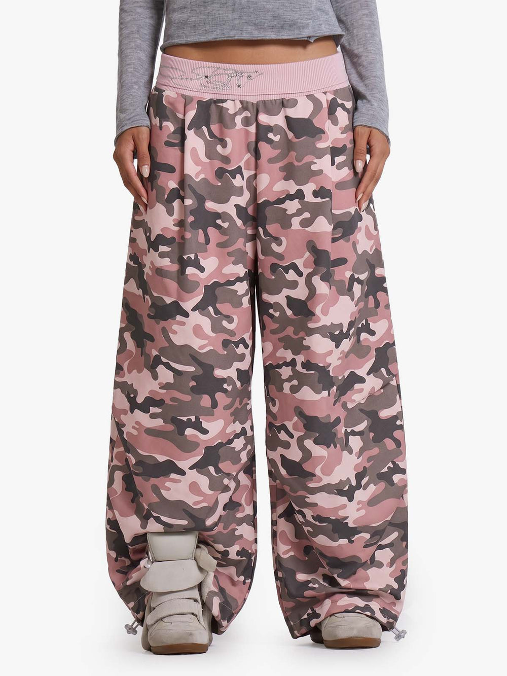 Ribbed Folded Waist Camo Barrel Baggy Sweatpants