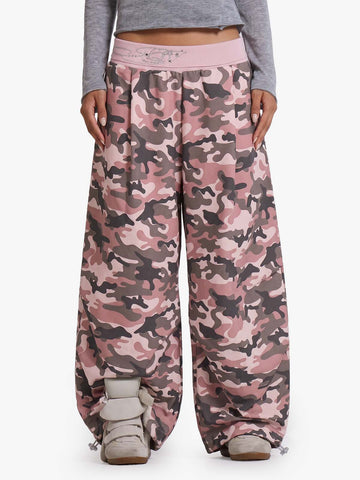 Ribbed Folded Waist Camo Barrel Baggy Sweatpants