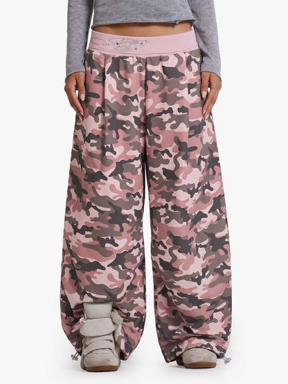 Ribbed Folded Waist Camo Barrel Baggy Sweatpants