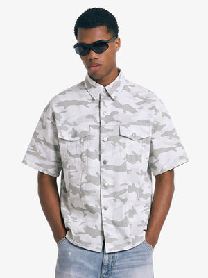 Light Grey Tactical Camo Pleated Denim Shirt 
