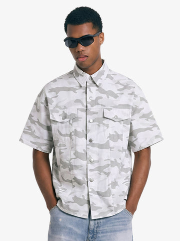 Light Grey Tactical Camo Pleated Denim Shirt 