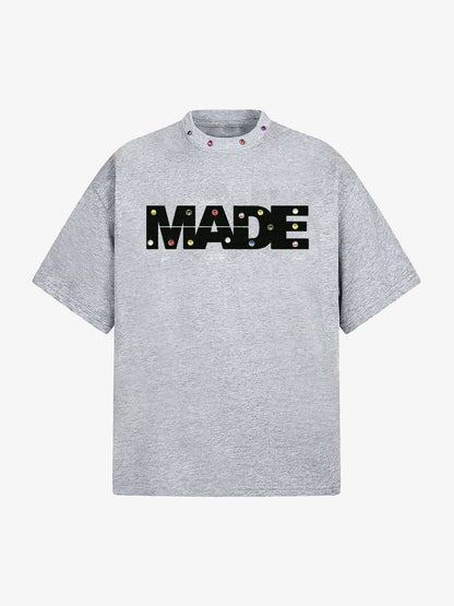 Street Retro MOOD Patch Embroidered Rivet T-shirt - 2440 