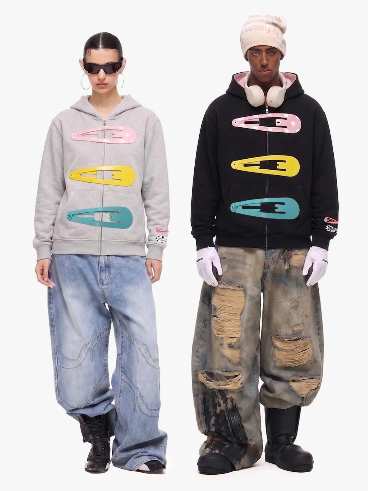 Detachable Hair Clip Decoration Zip Up Hoodie