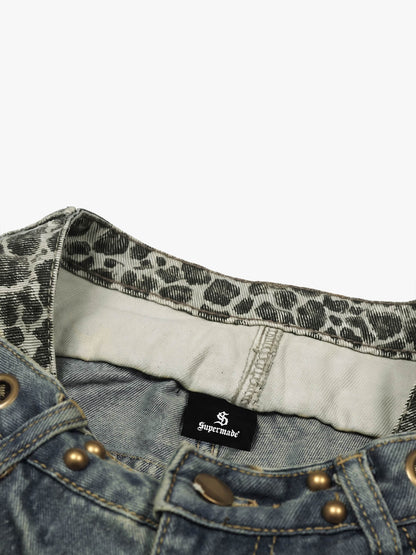 Y2K Double Waistband Leopard Print Wide Leg Jeans 