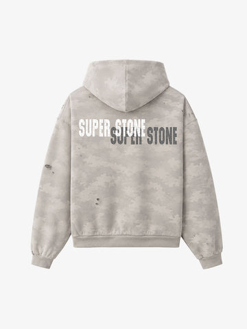 Distressed Camo Hoodie with Cracked Logo & Rolling Stones Graphic