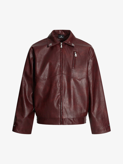 Vintage Embroidered PU Leather Lapel Jacket 