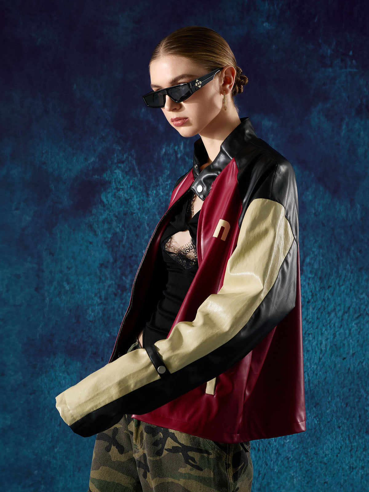 Original Contrast Color Leather Jacket - 2565 