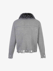 Faux-Fur Collar Distressed Knit Cardigan
