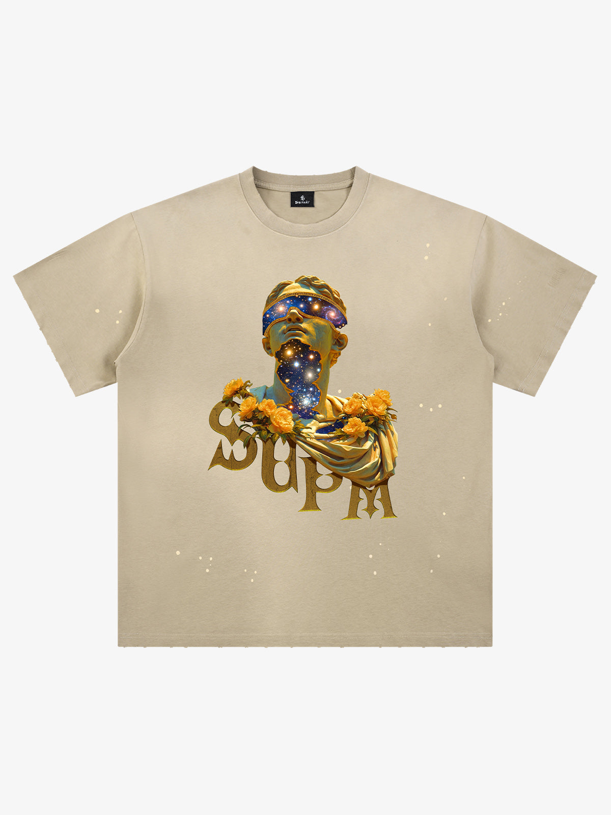 THE SUPERMADE-Wash and splash ink Galaxy Art Print T-Shirt with Cosmic Statue Design for Men and Women 