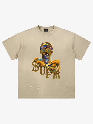 THE SUPERMADE-Wash and splash ink Galaxy Art Print T-Shirt with Cosmic Statue Design for Men and Women 