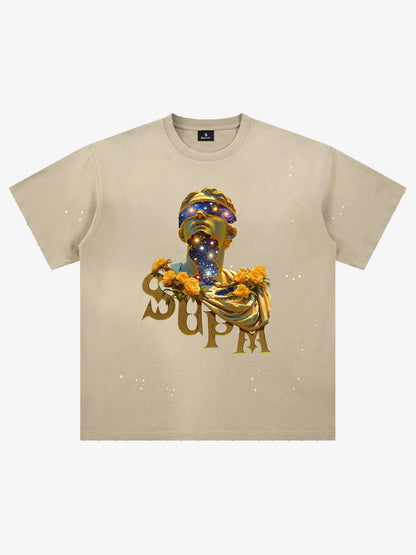 THE SUPERMADE-Wash and splash ink Galaxy Art Print T-Shirt with Cosmic Statue Design for Men and Women 