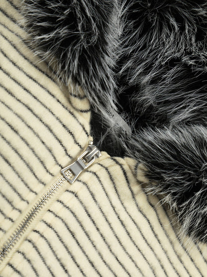 Striped Hooded Jacket with Faux Fur Trim for Winter and Fall 