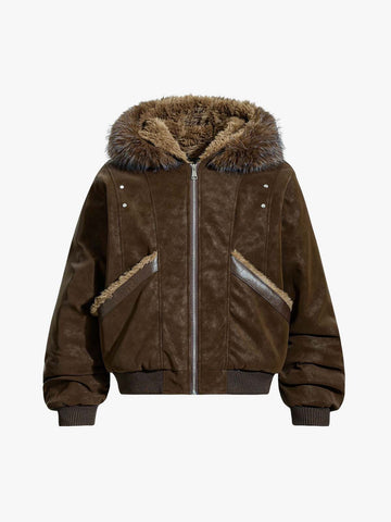 Retro Detachable Faux Fur Collar Suede Fleece Hoodie Jacket 