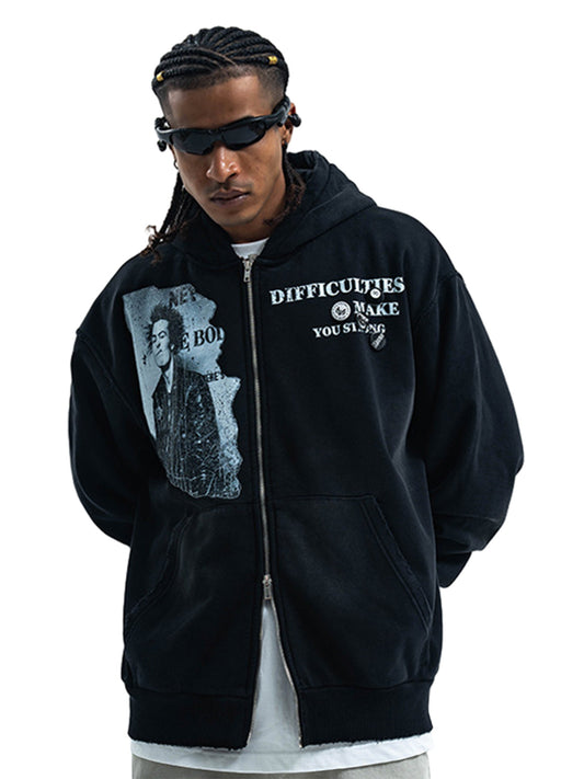 Washed Distressed Retro Portrait Print Double Zipper Hoodie 