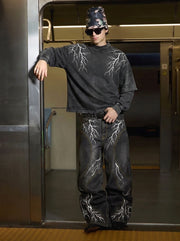 Lightning Graphic Layered Long Sleeve Tee & Curved-Leg Jeans Set