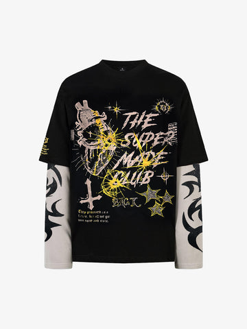 Hip-Hop Punk Faux Two-Piece Long-Sleeved T-Shirt - 2457 