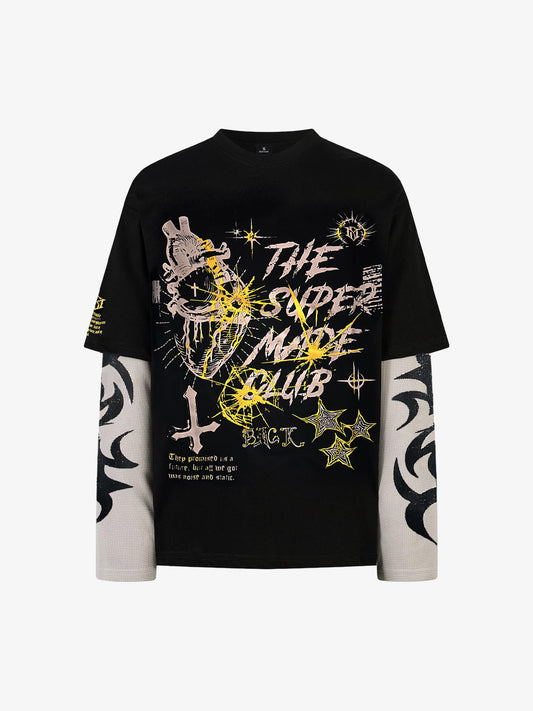 Hip-Hop Punk Faux Two-Piece Long-Sleeved T-Shirt - 2457 