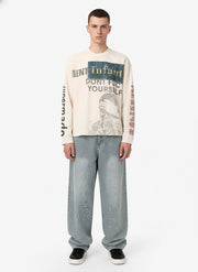 Waffle Knit Graphic Print Crewneck Sweatshirt - 2496 
