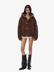 Streetwear Metal Clip Faux Fur Hooded Suede Bomber Jacket - 2597