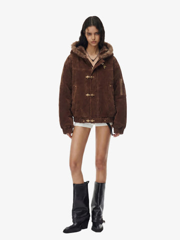 Streetwear Metal Clip Faux Fur Hooded Suede Bomber Jacket - 2597