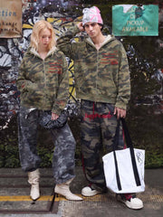 Camo Letter Graphic Distressed Zip-Up Hoodie