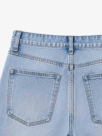 Double-Zip Paneled Distressed Bootcut Jeans