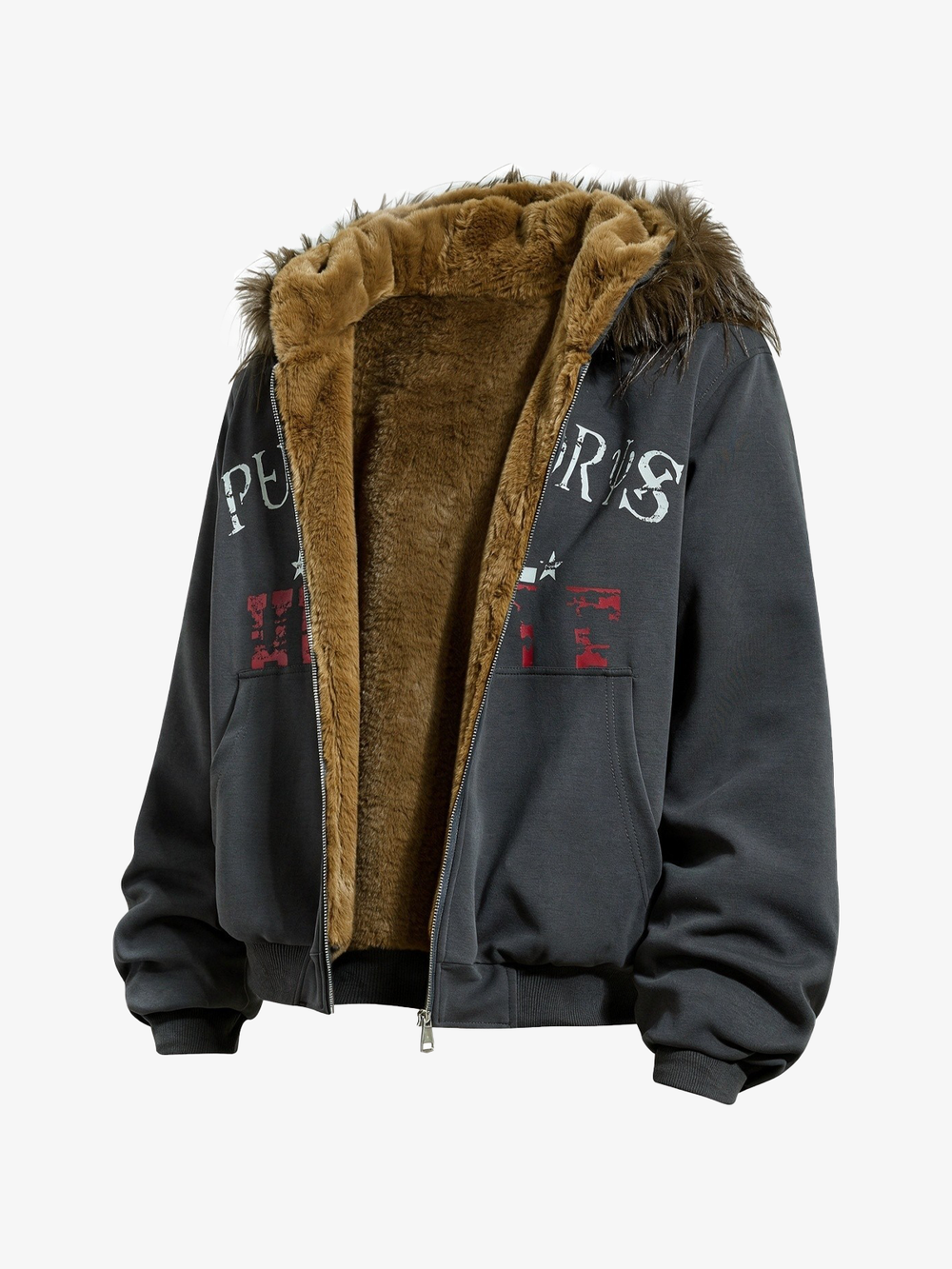 Faux Fur Trim Zip-Up Coat