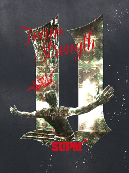 Unisex distressed loose-fitting cotton short-sleeved T-shirts featuring a print of the "11" team strength from the FIFA World Cup and a splatter-wash finish. 