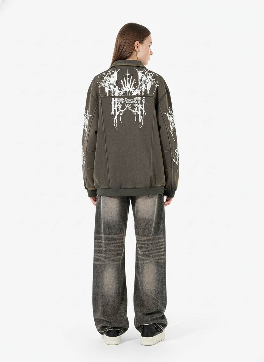 Retro Dark Skull Cross Print Lapel Zipper Jacket 