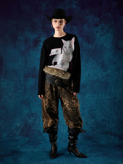 Cat Print Long-Sleeved T-Shirt 