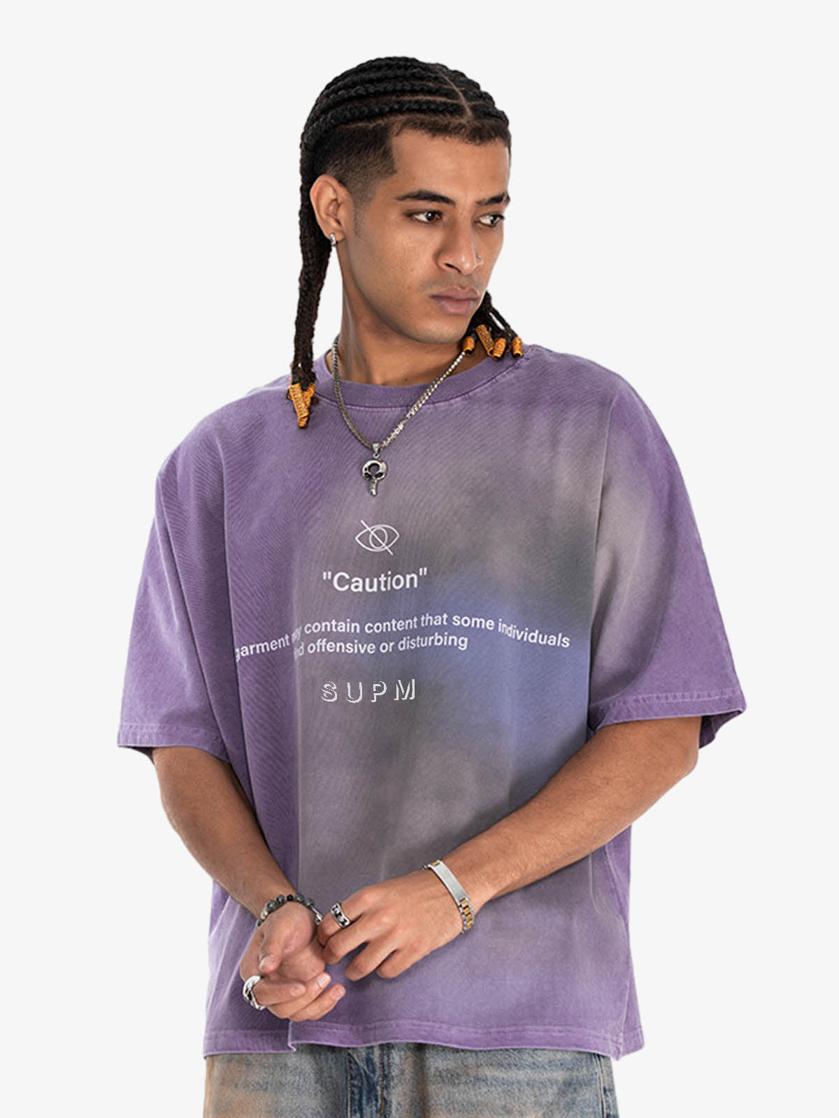 300G Cotton Jade Pattern Dyed T-Shirt with Caution Print Oversized Streetwear Tee 