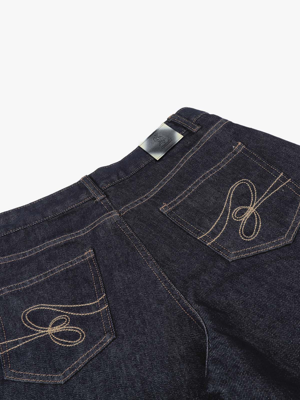 Dark Wash Denim Bermuda Shorts with Side Stripe Rhinestone Detail
