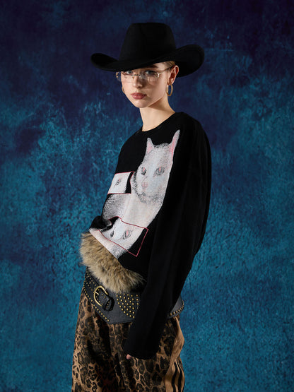 Cat Print Long-Sleeved T-Shirt 
