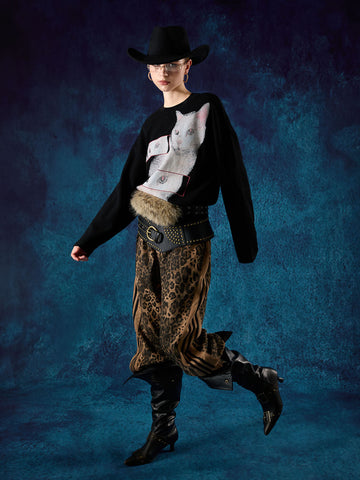 Cat Print Long-Sleeved T-Shirt 