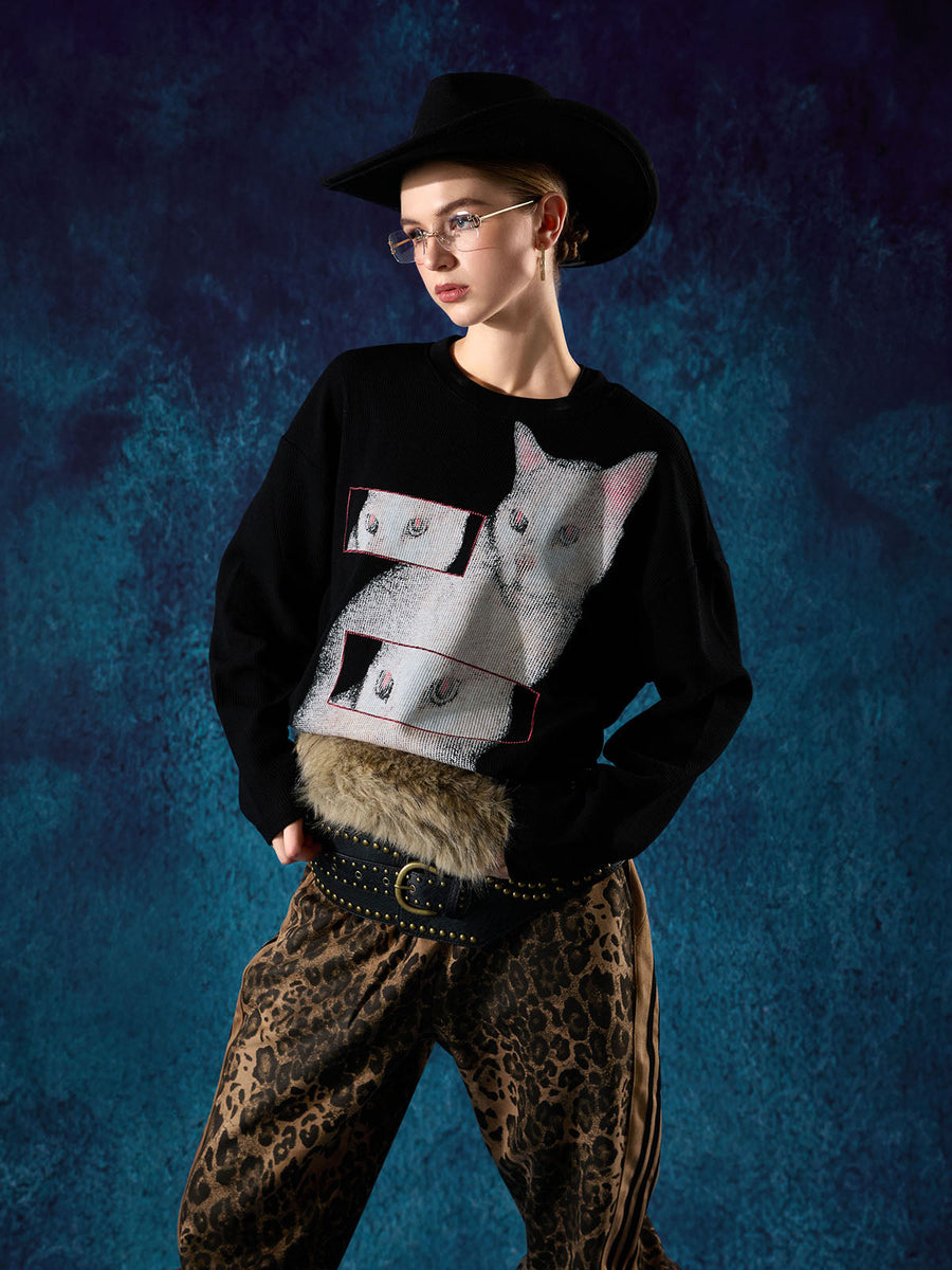 Cat Print Long-Sleeved T-Shirt; Black / M, Black / L, Black / XL