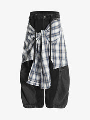 Denim Faux Two-piece Plaid Detachable Scimitar Jeans - 2435 