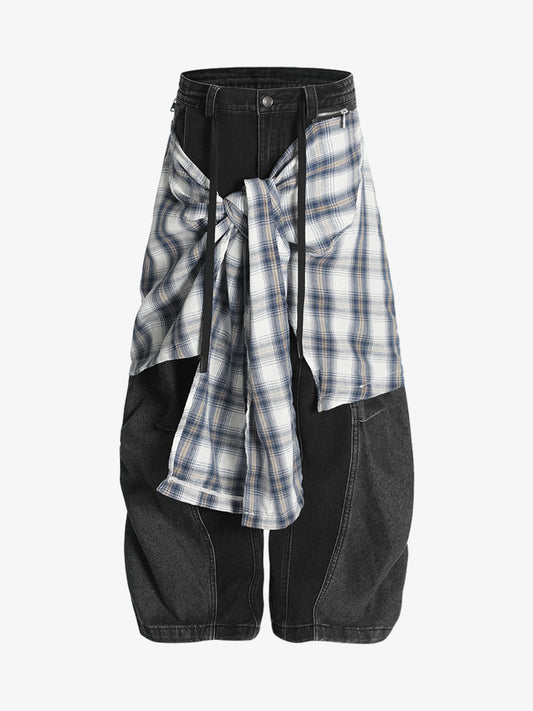 Faux Two-piece Plaid Detachable Scimitar Jeans 